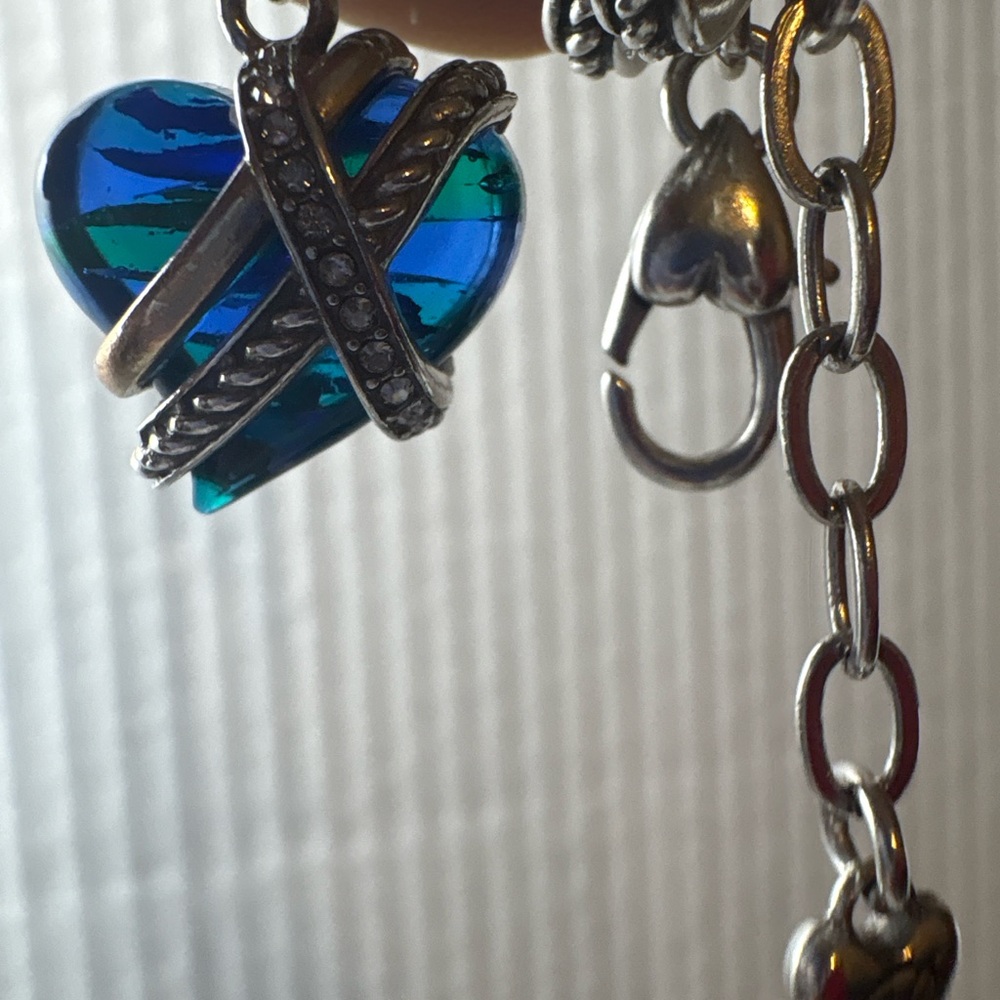 Brighton Silver Tone Triple Chain Bracelet Blue Green Heart Charm - Picture 6 of 8